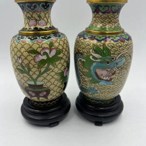 Pair of Vintage Chinese Cloisonne Dragon/Lotus Vases Carved Wood Stand Circa Lat